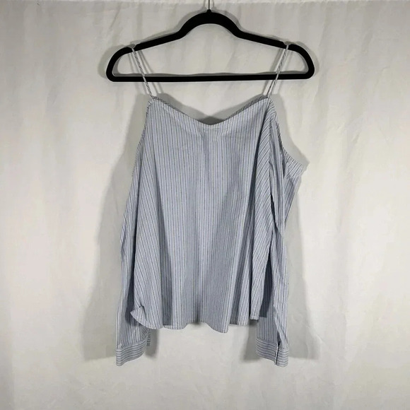 New Calvin Klein Jeans Blouse Women Medium Blue Striped Cold Shoulder Long Sleev - Picture 6 of 8